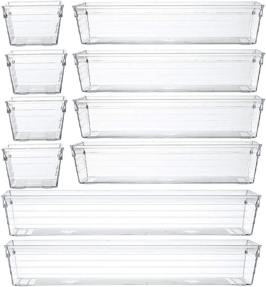 Backerysupply Clear Plastic Drawer Organizer Tray for Vanity Cabinet (Set of 10),Storage Tray for Makeup, Kitchen Utensils, Jewelries, and Gadgets