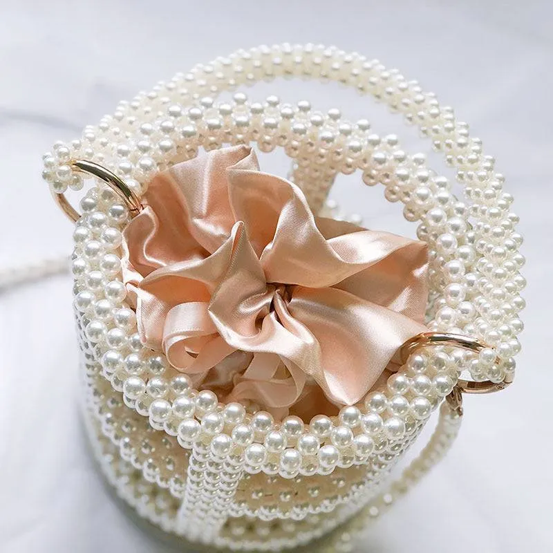 Beaded Pearl Bucket Bag – Elegant Hollow Round Handbag for Women