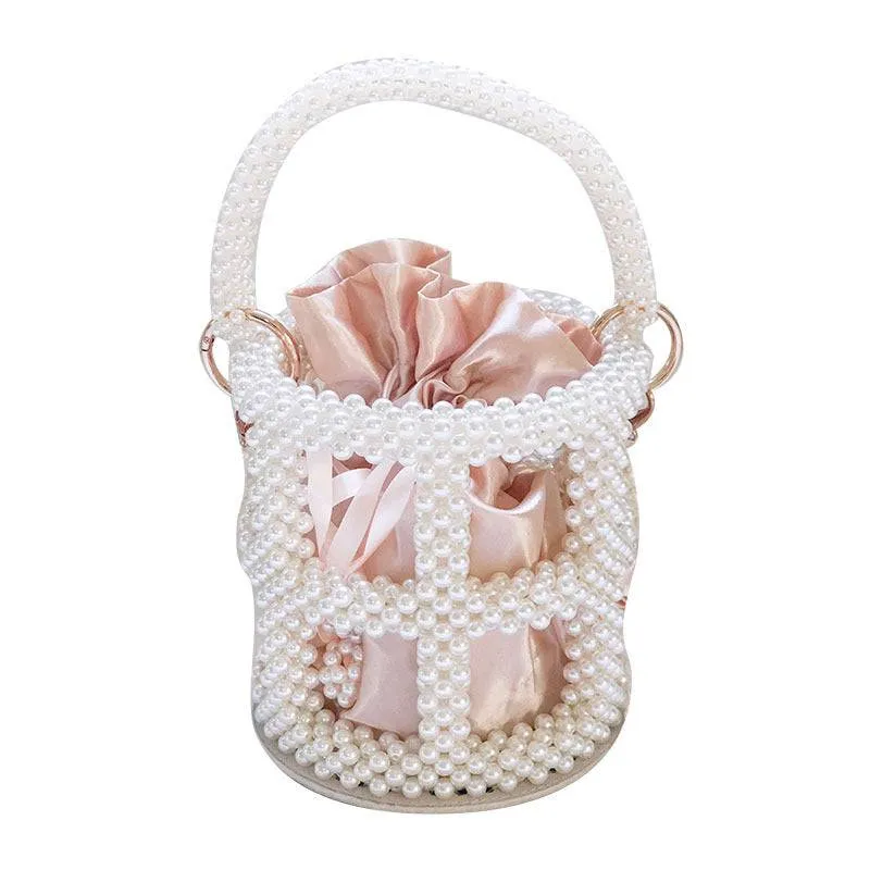 Beaded Pearl Bucket Bag – Elegant Hollow Round Handbag for Women