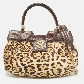 Beige/Brown Leopard Calfhair and Croc Embossed Leather RC Logo Hobo