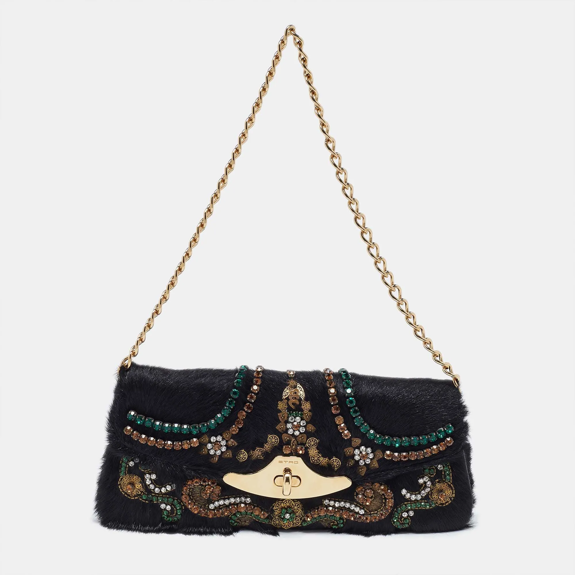 Black Calfhair Crystal Embellished Turnlock Clutch