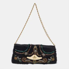 Black Calfhair Crystal Embellished Turnlock Clutch