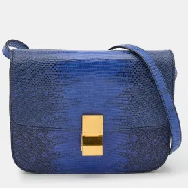 Blue Lizard and Leather Medium Classic Box Shoulder Bag