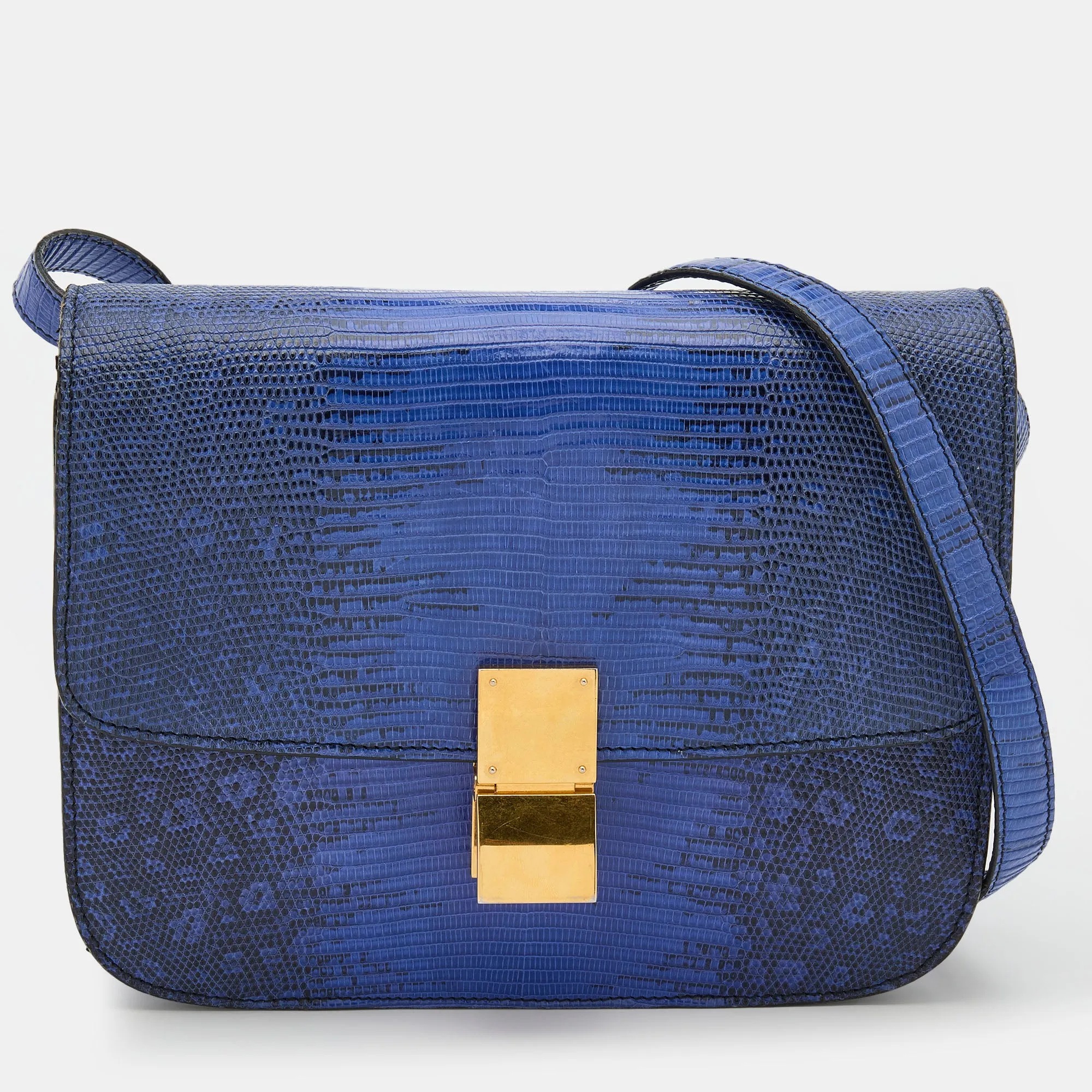 Blue Lizard and Leather Medium Classic Box Shoulder Bag