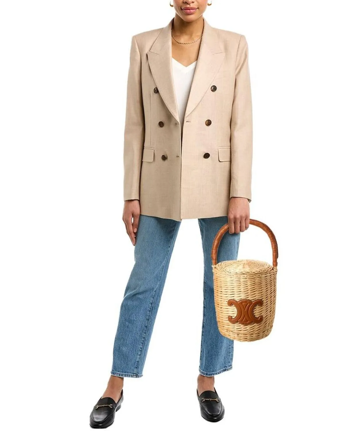CELINE Logo Wicker & Leather Basket Tote