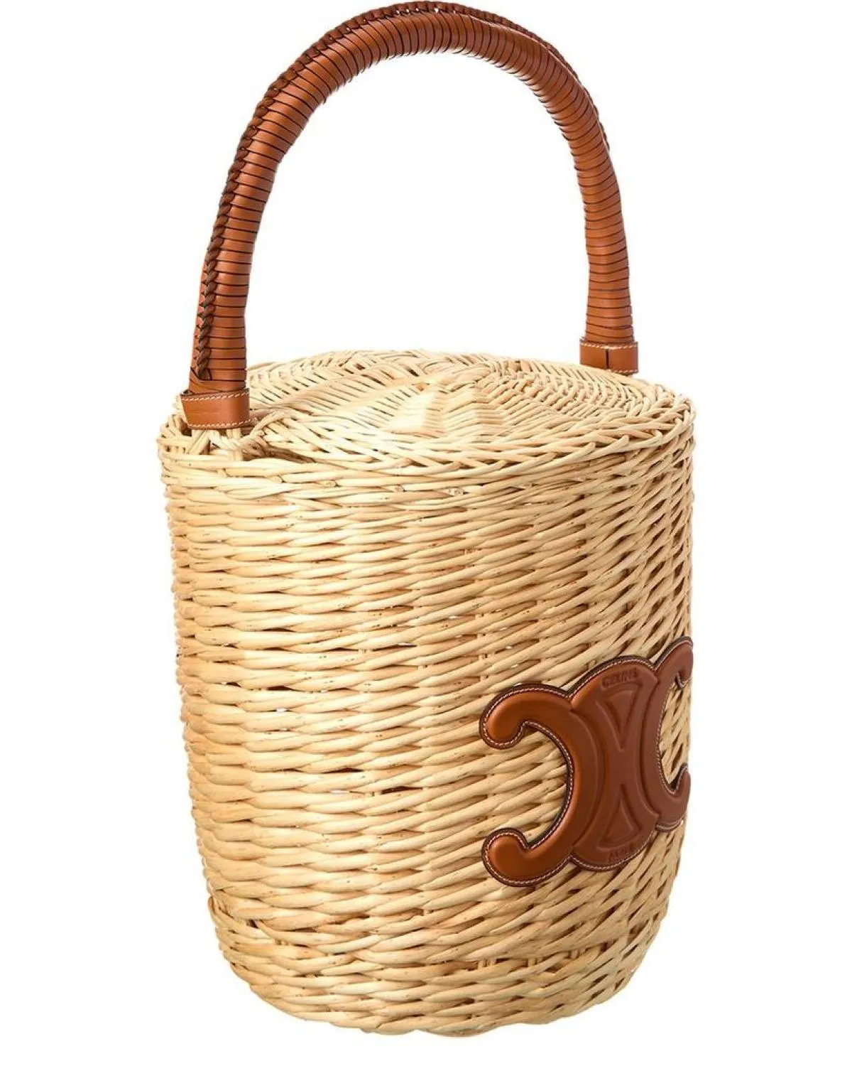CELINE Logo Wicker & Leather Basket Tote