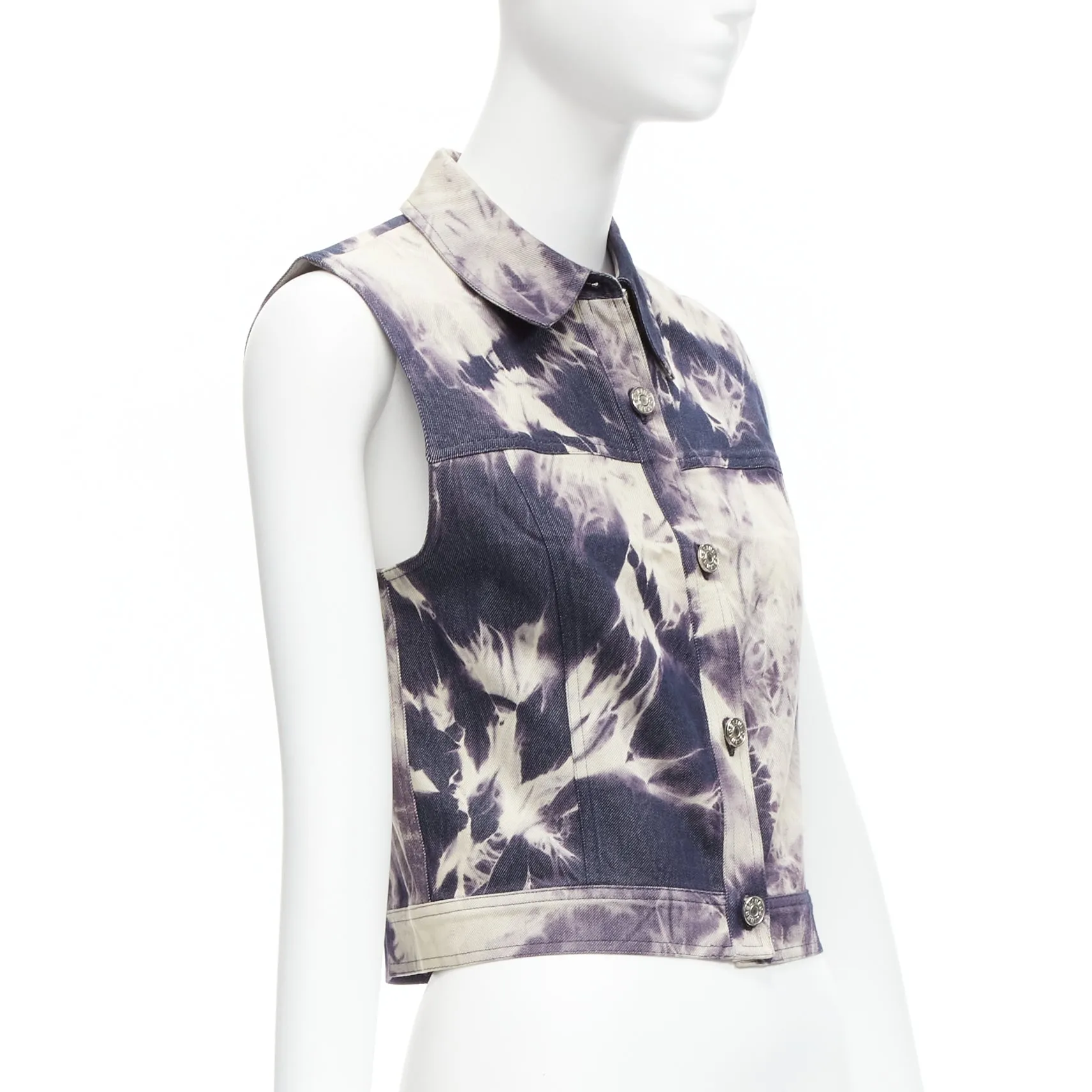 CELINE Vintage 2000 indigo blue cream print cotton silk denim vest jacket FR40 L