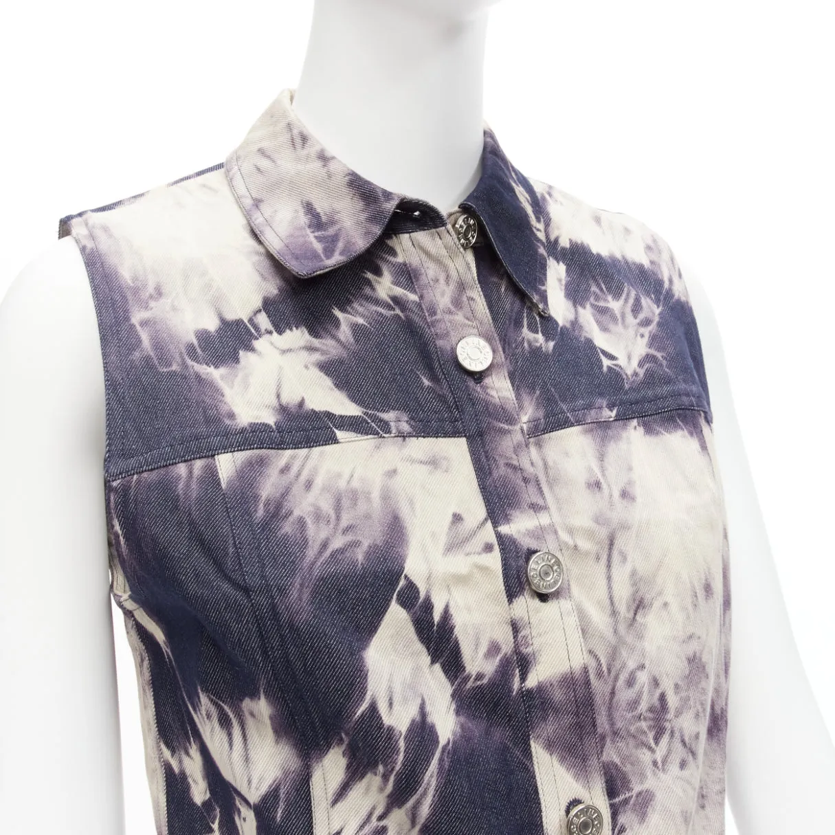CELINE Vintage 2000 indigo blue cream print cotton silk denim vest jacket FR40 L