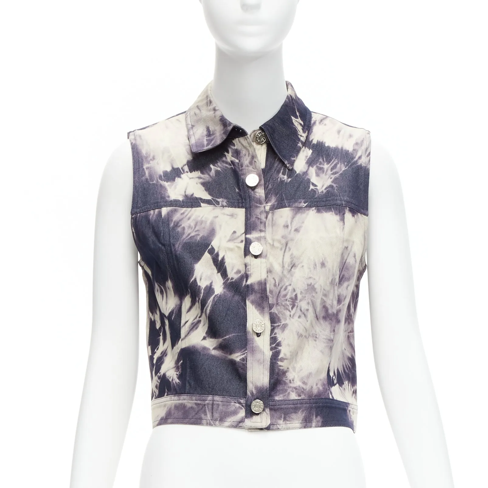 CELINE Vintage 2000 indigo blue cream print cotton silk denim vest jacket FR40 L
