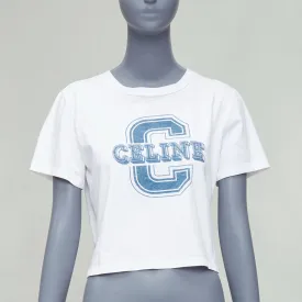 CELINE white cotton blue big C logo varsity cropped tshirt S