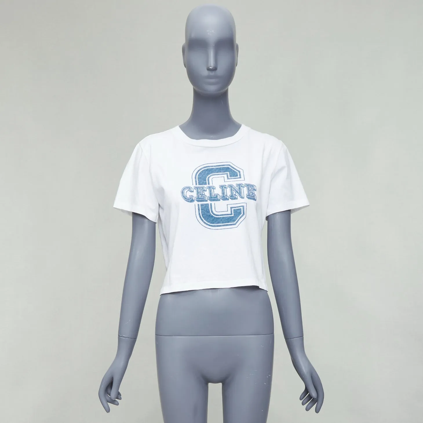 CELINE white cotton blue big C logo varsity cropped tshirt S