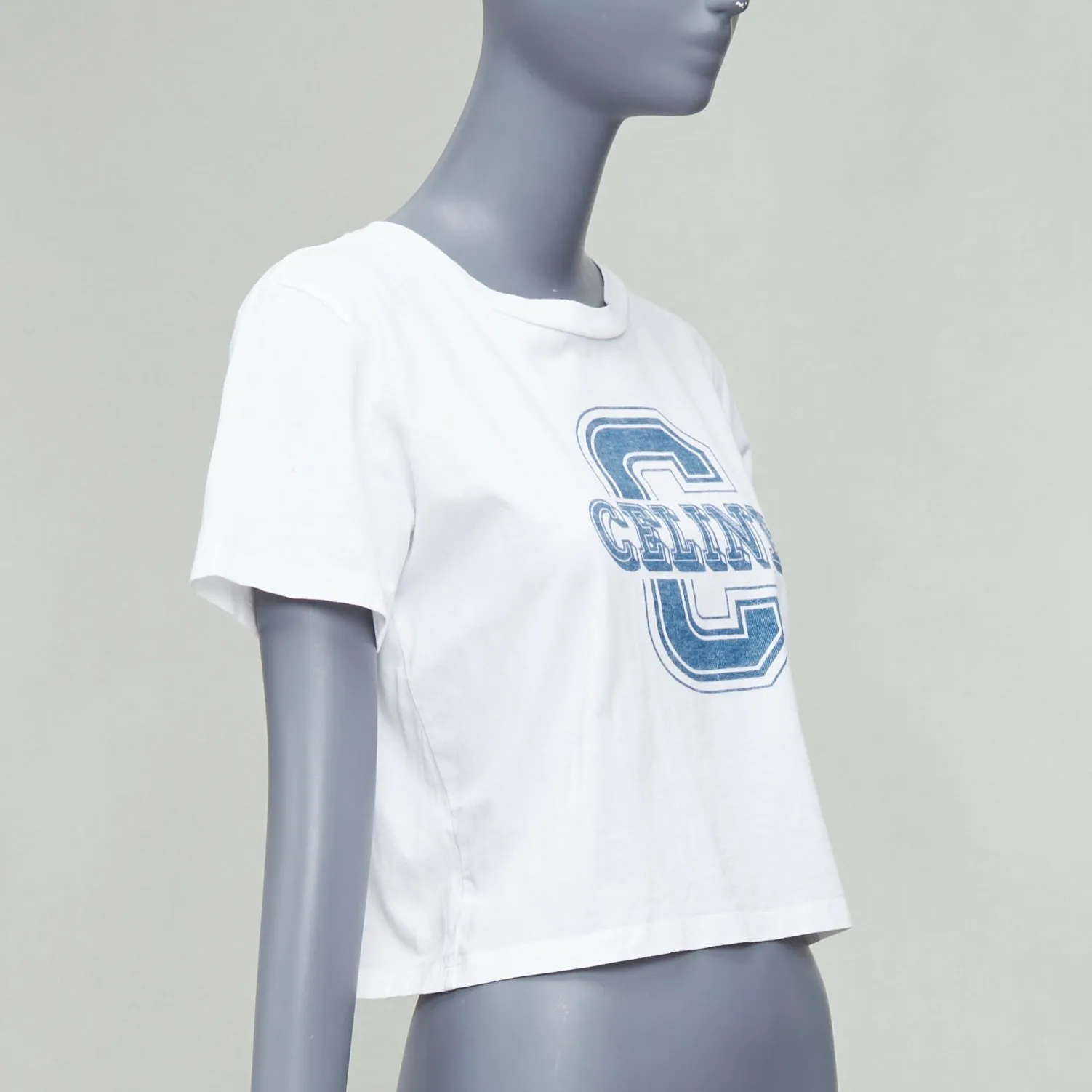 CELINE white cotton blue big C logo varsity cropped tshirt S