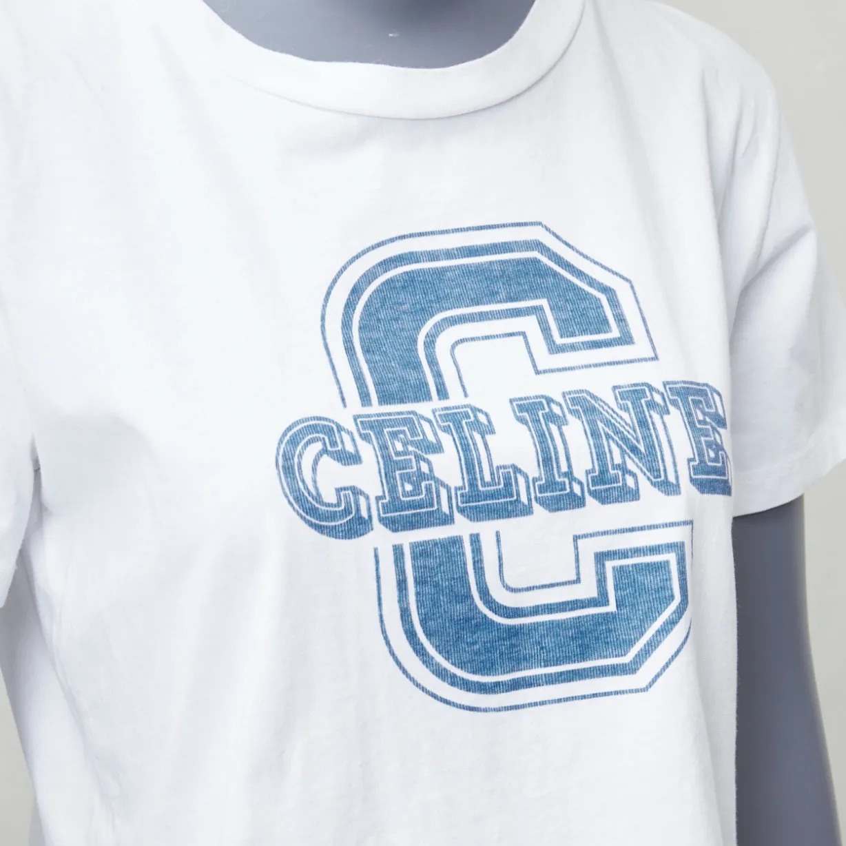 CELINE white cotton blue big C logo varsity cropped tshirt S