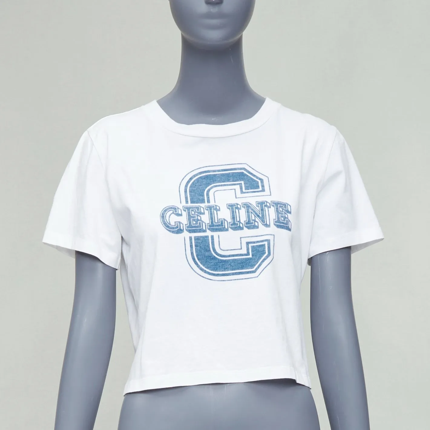 CELINE white cotton blue big C logo varsity cropped tshirt S