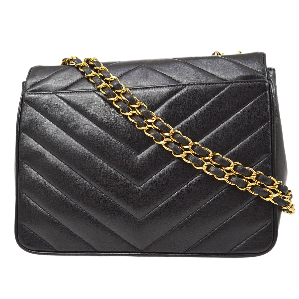 Chanel 1991-1994 Black Lambskin Chevron Letter Flap Bag Small 14355
