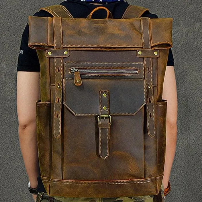 Cowhide Leather Large Capacity Travel Retro Backpack