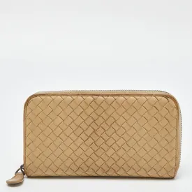 Cream Intrecciato Leather Zip Around Wallet
