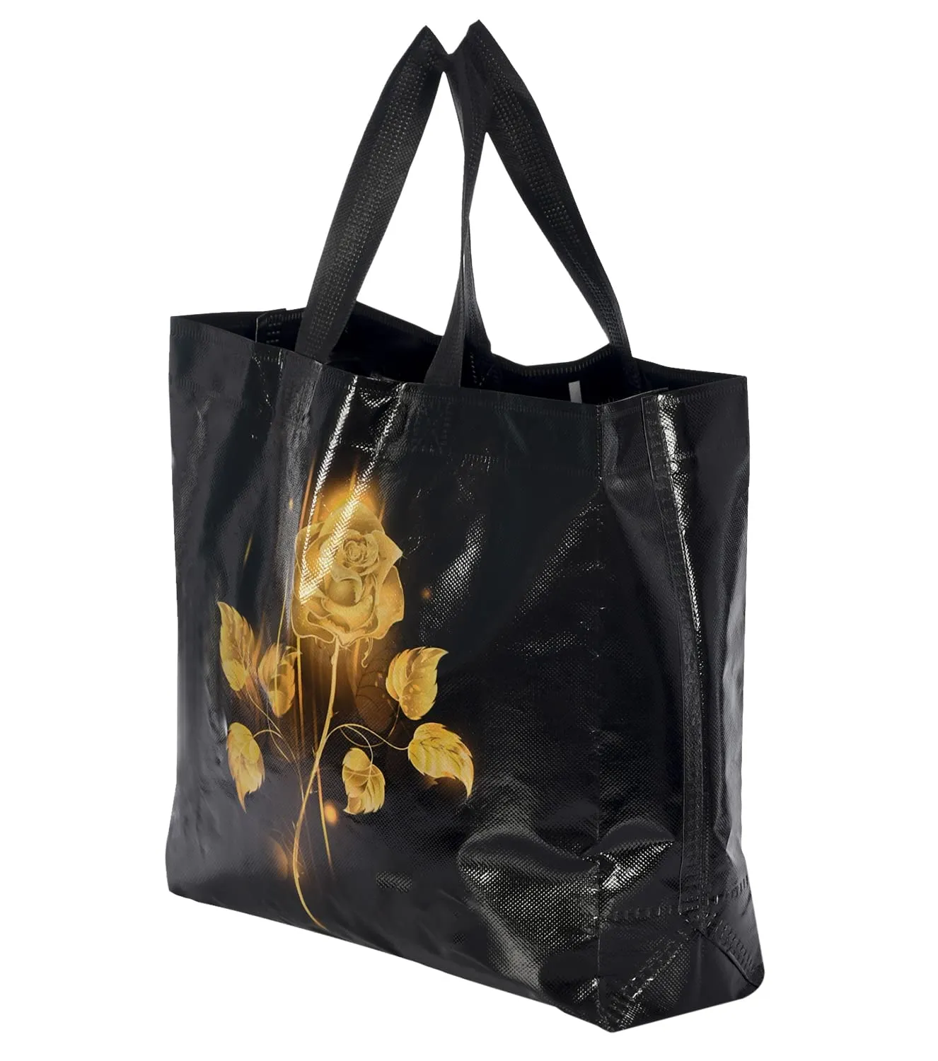 Heart Home Rose Printed Laminated Non Woven Party Favor Gift Bag, Tote Bag, Carry Bags with Handles- Pack of 6 (Black)-50HH01130