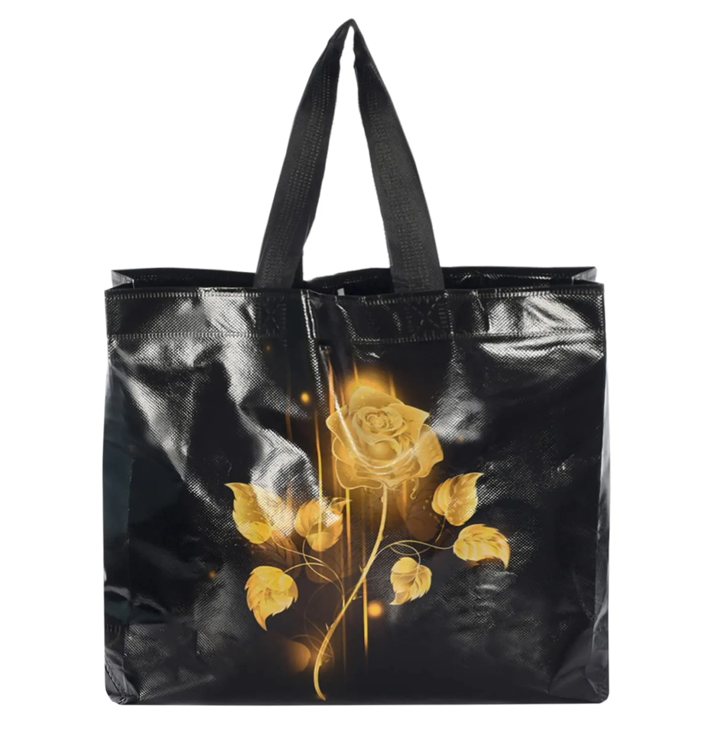 Heart Home Rose Printed Laminated Non Woven Party Favor Gift Bag, Tote Bag, Carry Bags with Handles- Pack of 6 (Black)-50HH01130