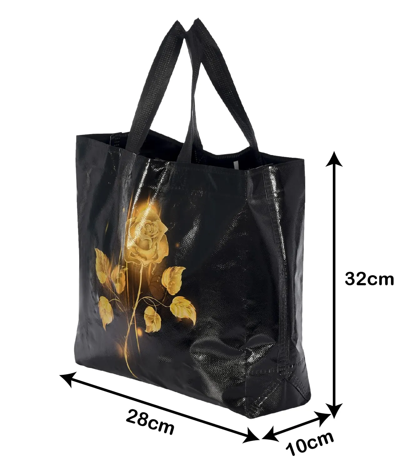 Heart Home Rose Printed Laminated Non Woven Party Favor Gift Bag, Tote Bag, Carry Bags with Handles- Pack of 6 (Black)-50HH01130