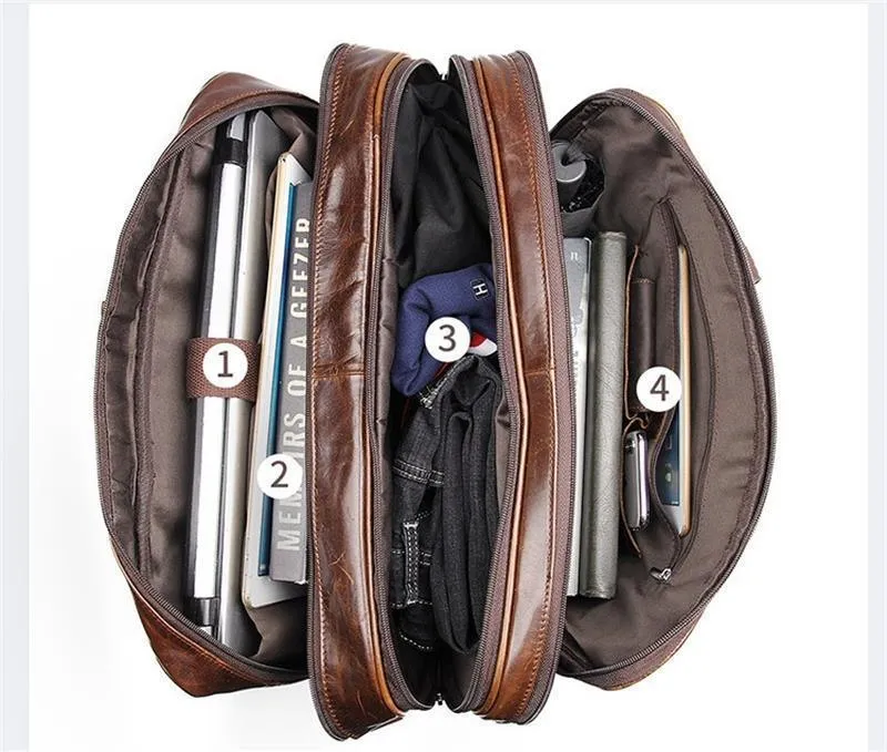 Large Genuine Leather Briefcase Multi Zip Pockets 17In