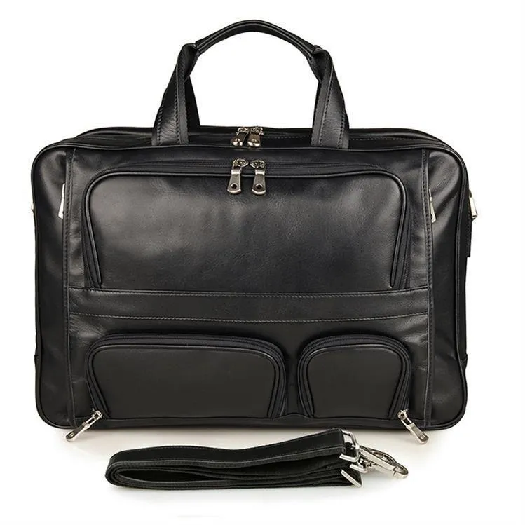 Large Genuine Leather Briefcase Multi Zip Pockets 17In
