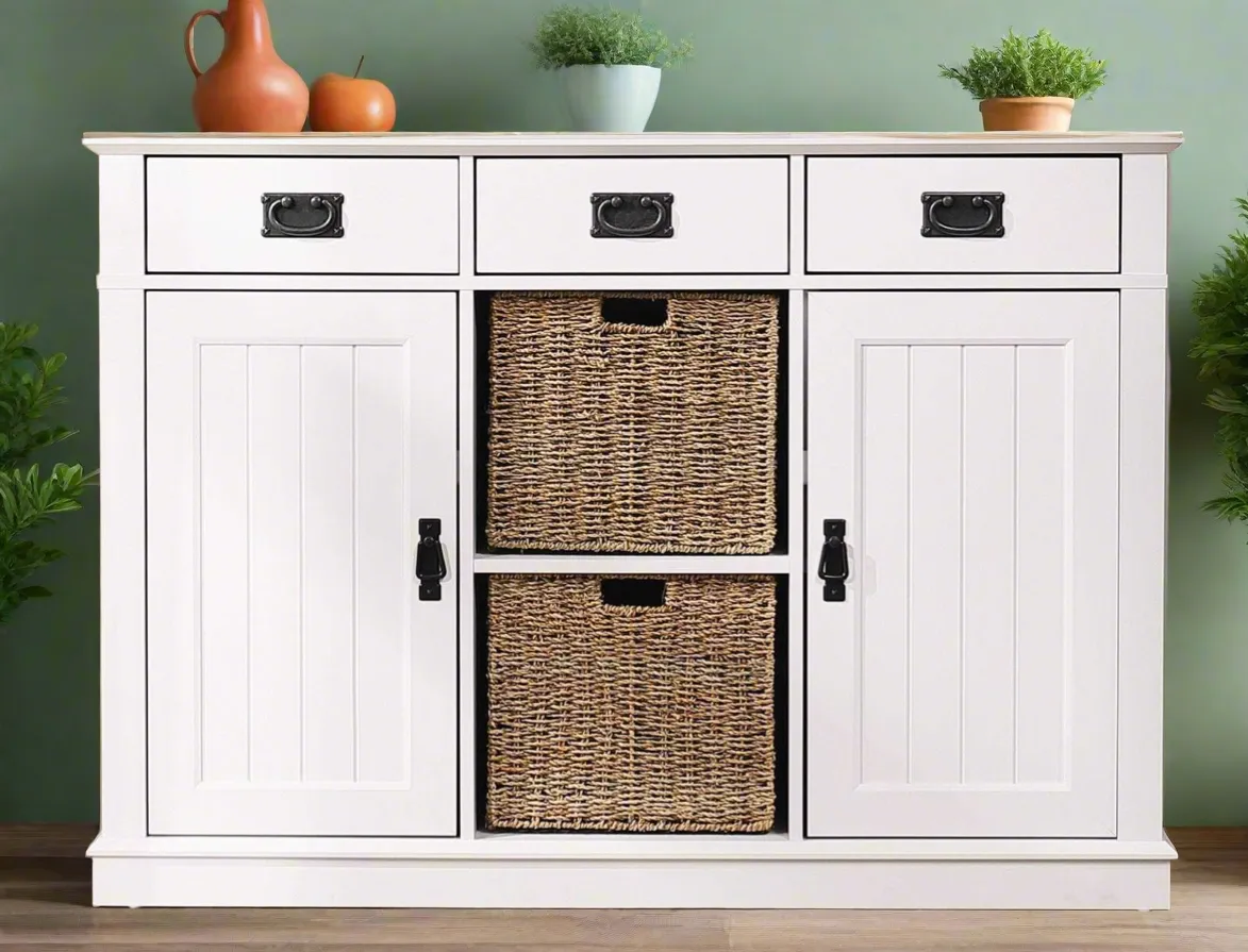 MerryLuk 2 Door Sideboard Cabinet Handwoven Baskets