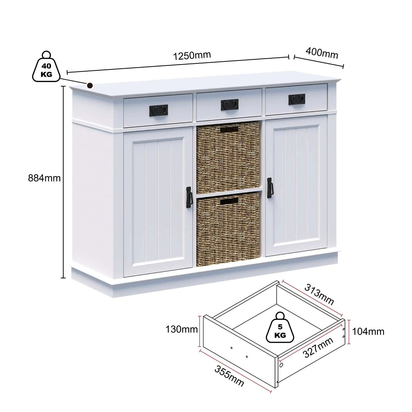MerryLuk 2 Door Sideboard Cabinet Handwoven Baskets