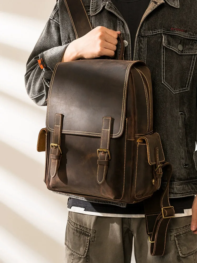 Original First Layer Leather Backpackage Men's Retro Crazy Horse Leather Large Capacity Computer Bag Women's Fashion Travel Leather Backpack