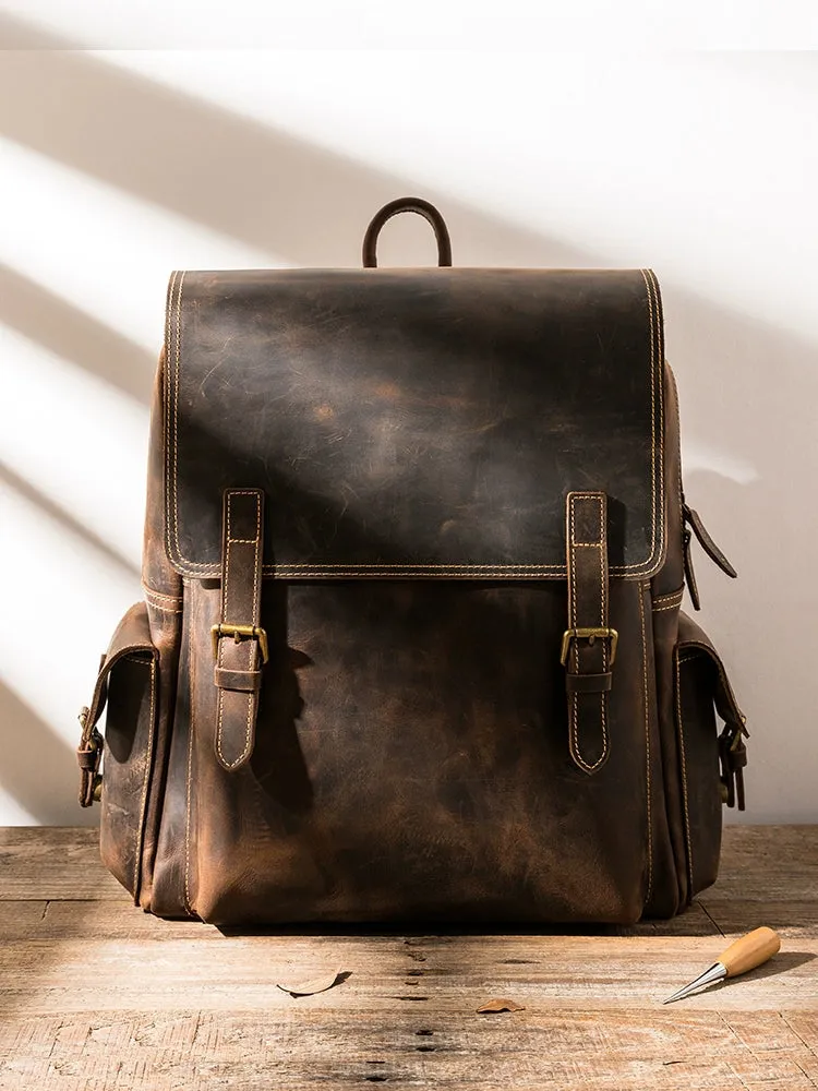 Original First Layer Leather Backpackage Men's Retro Crazy Horse Leather Large Capacity Computer Bag Women's Fashion Travel Leather Backpack