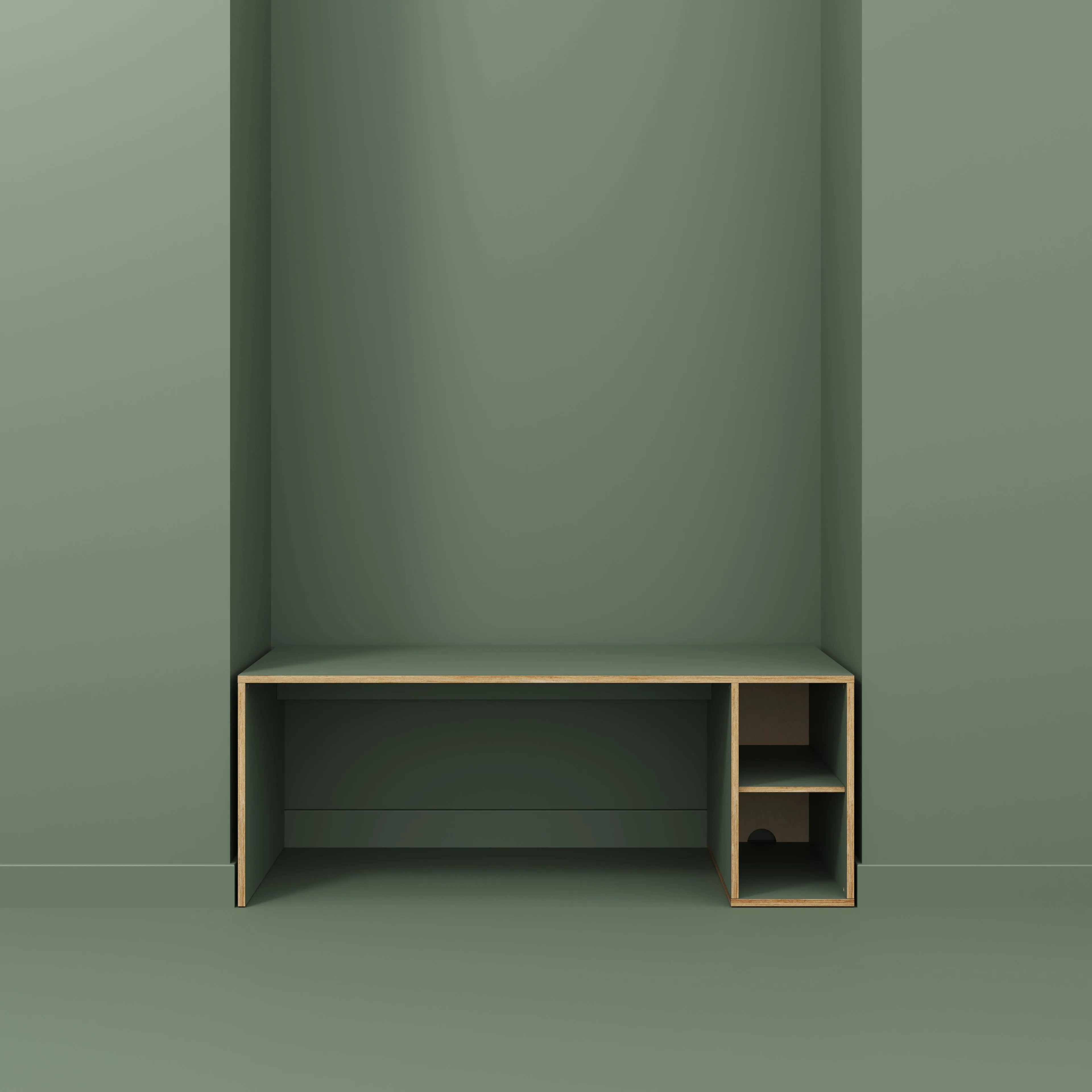 Plywood Desk with Storage Type 1 RH - Open Shelves - Formica Green Slate - 2000(w) x 800(d) x 750(h)