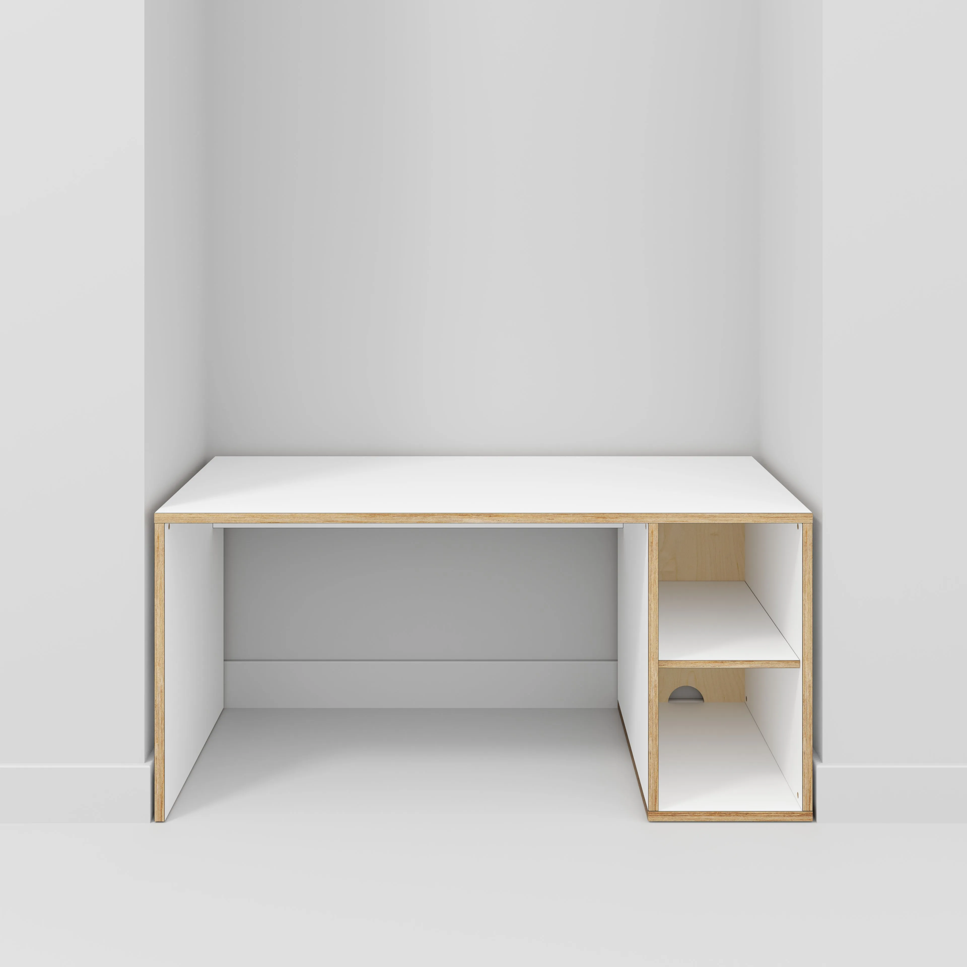 Plywood Desk with Storage Type 1 RH - Open Shelves - Formica White - 1600(w) x 800(d) x 750(h)