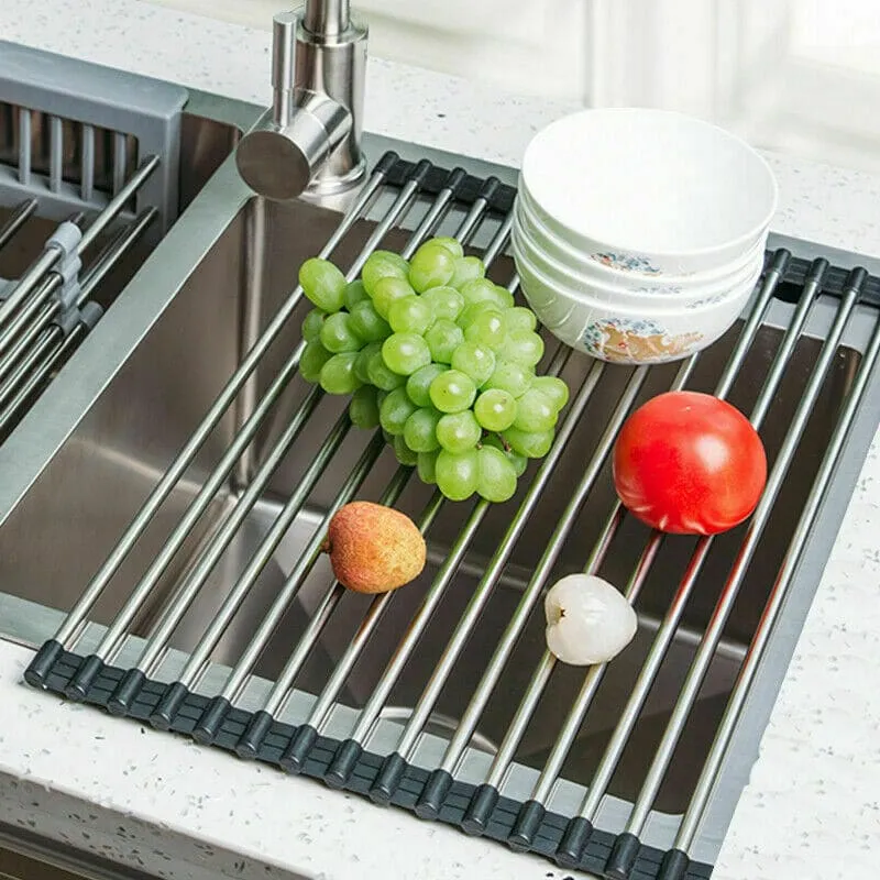 Stainless Steel Roll-Up Drainer Rack - Heat-Resistant Trivet Mat and Food Drying Rack