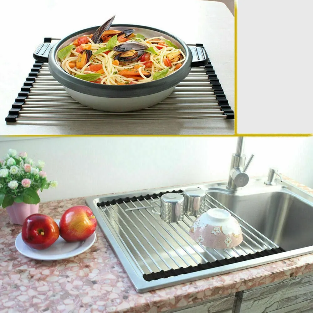 Stainless Steel Roll-Up Drainer Rack - Heat-Resistant Trivet Mat and Food Drying Rack