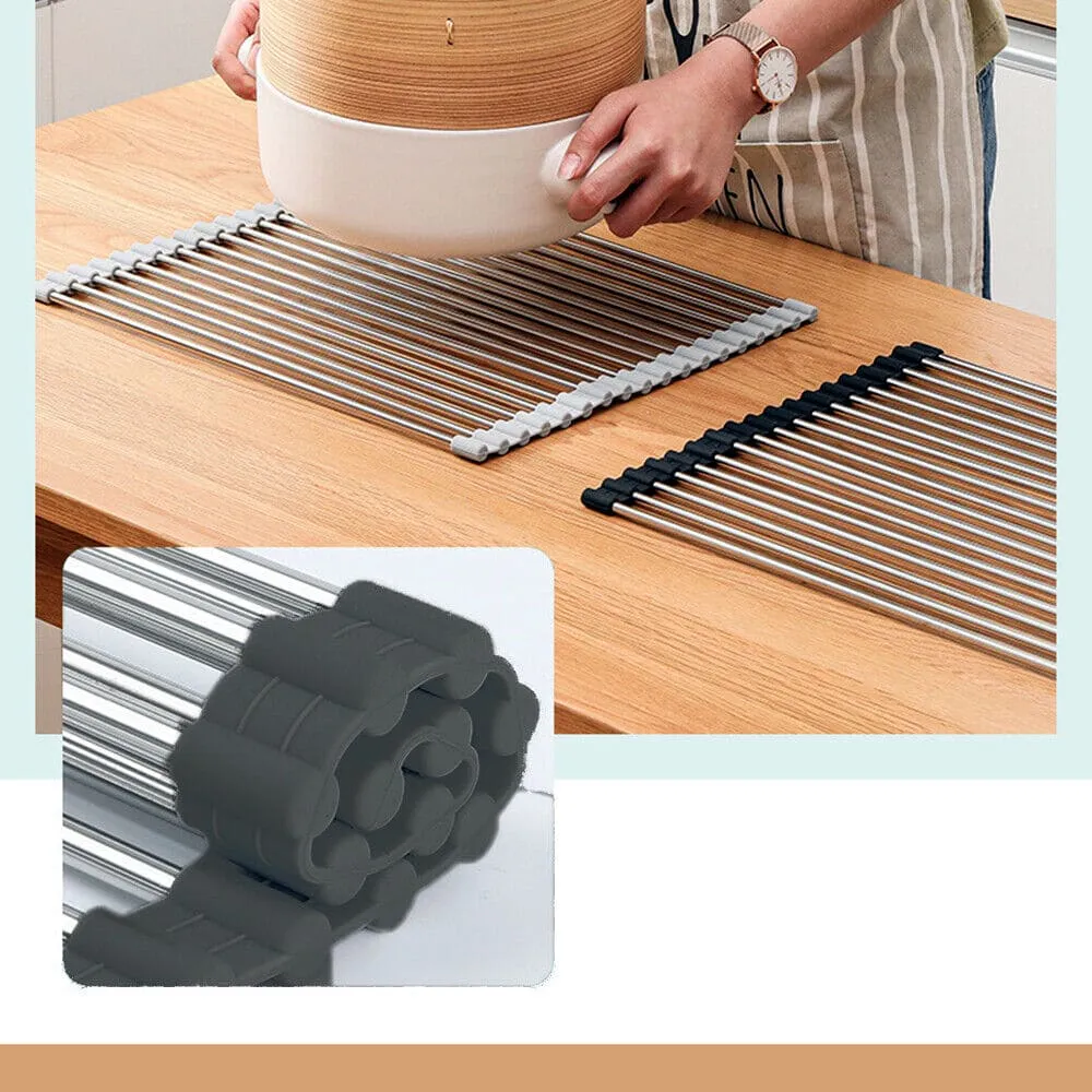 Stainless Steel Roll-Up Drainer Rack - Heat-Resistant Trivet Mat and Food Drying Rack