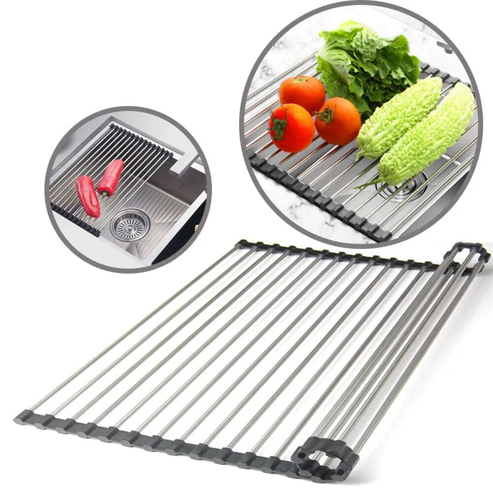Stainless Steel Roll-Up Drainer Rack - Heat-Resistant Trivet Mat and Food Drying Rack