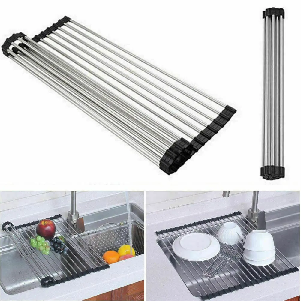 Stainless Steel Roll-Up Drainer Rack - Heat-Resistant Trivet Mat and Food Drying Rack