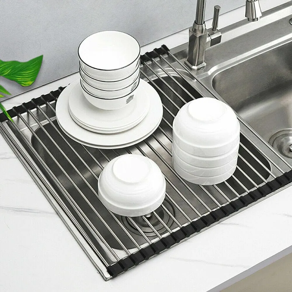 Stainless Steel Roll-Up Drainer Rack - Heat-Resistant Trivet Mat and Food Drying Rack