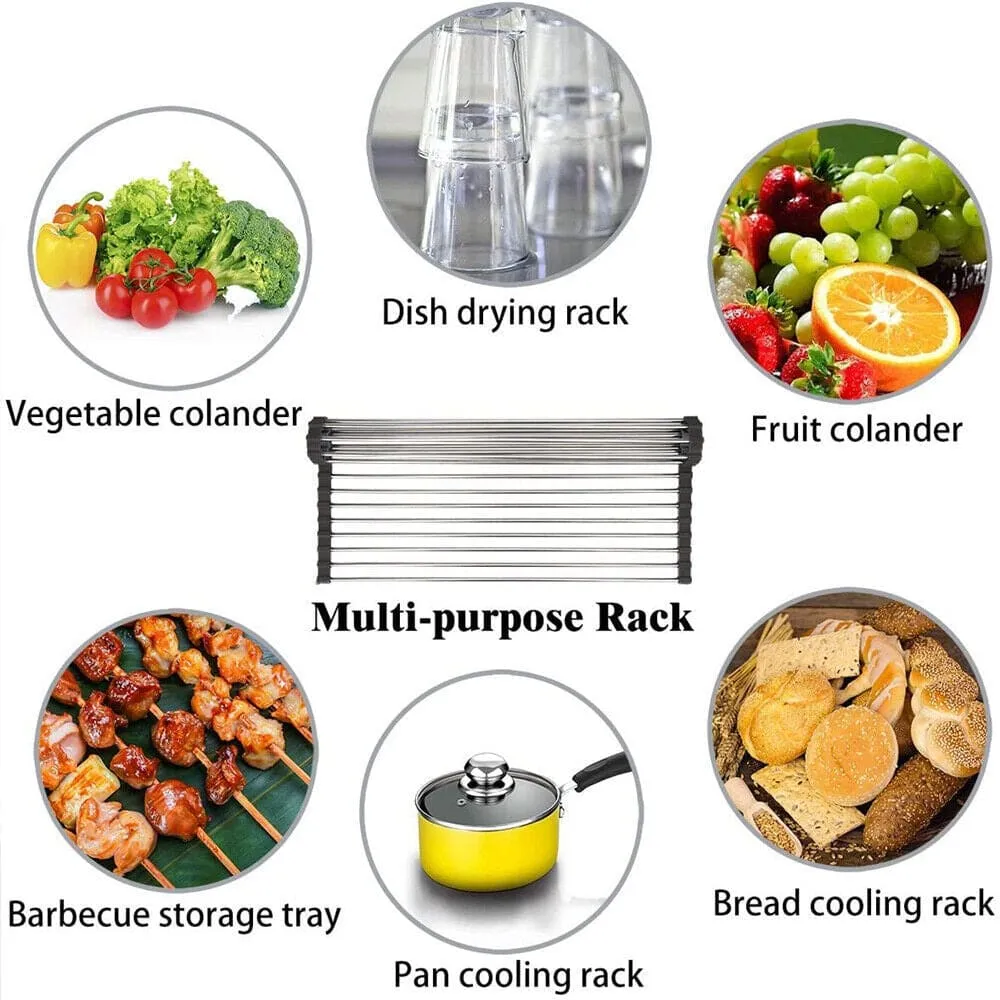 Stainless Steel Roll-Up Drainer Rack - Heat-Resistant Trivet Mat and Food Drying Rack