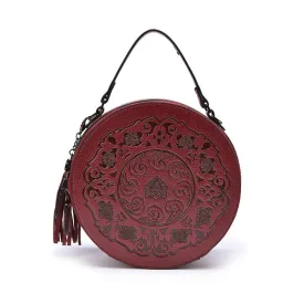 Vintage Toem Embossing Round Shape Leather Tote Bags 9785